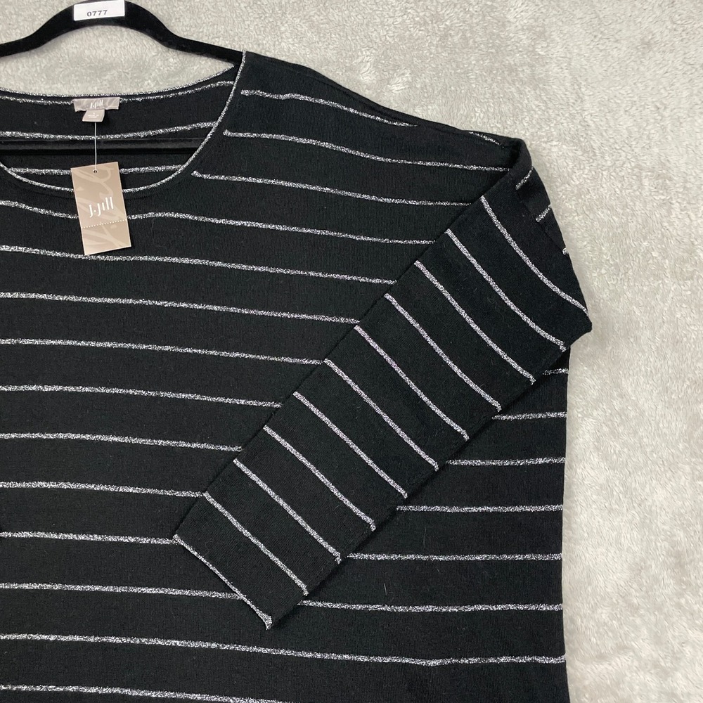 J. Jill Wool Blend Tunic Top Women L Black Silver Striped Angora 3/4 Sleeve Boxy - Picture 7 of 16